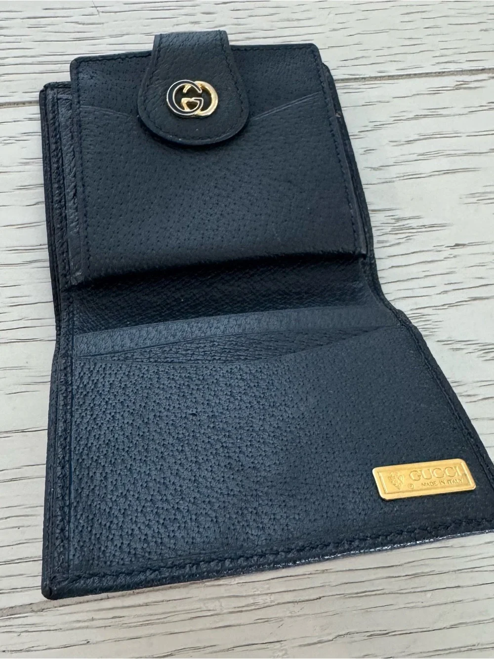 Gucci Monogram Compact Card Case in Beige and Black with Gold Logo